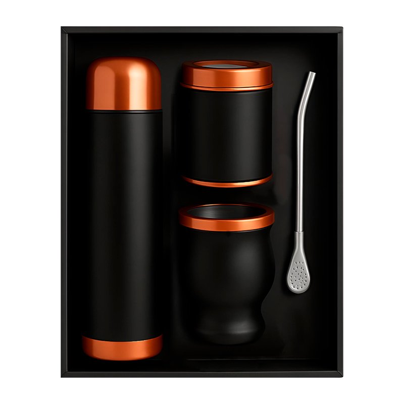 Set De Mate Color Negro/cobre Con Bolso